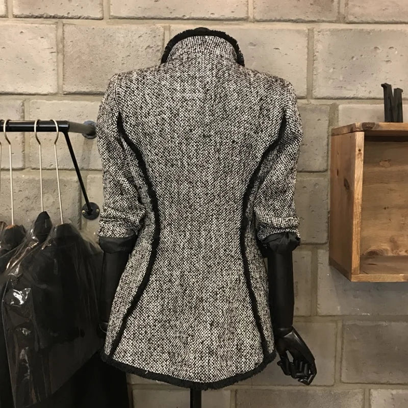 Tweed Flop Collar  Single Button Blazer