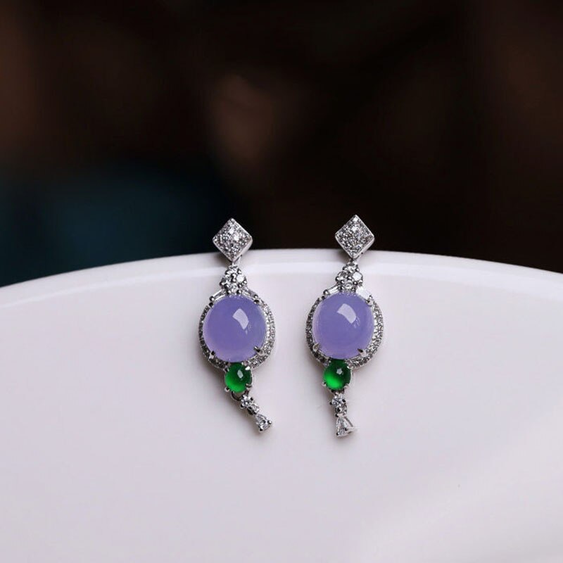 Purple Chalcedony Round Drop Earrings