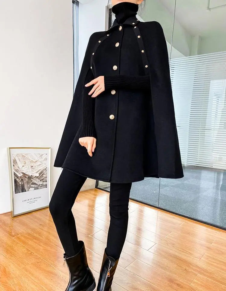 Black Cape Woolen Shawl Coat