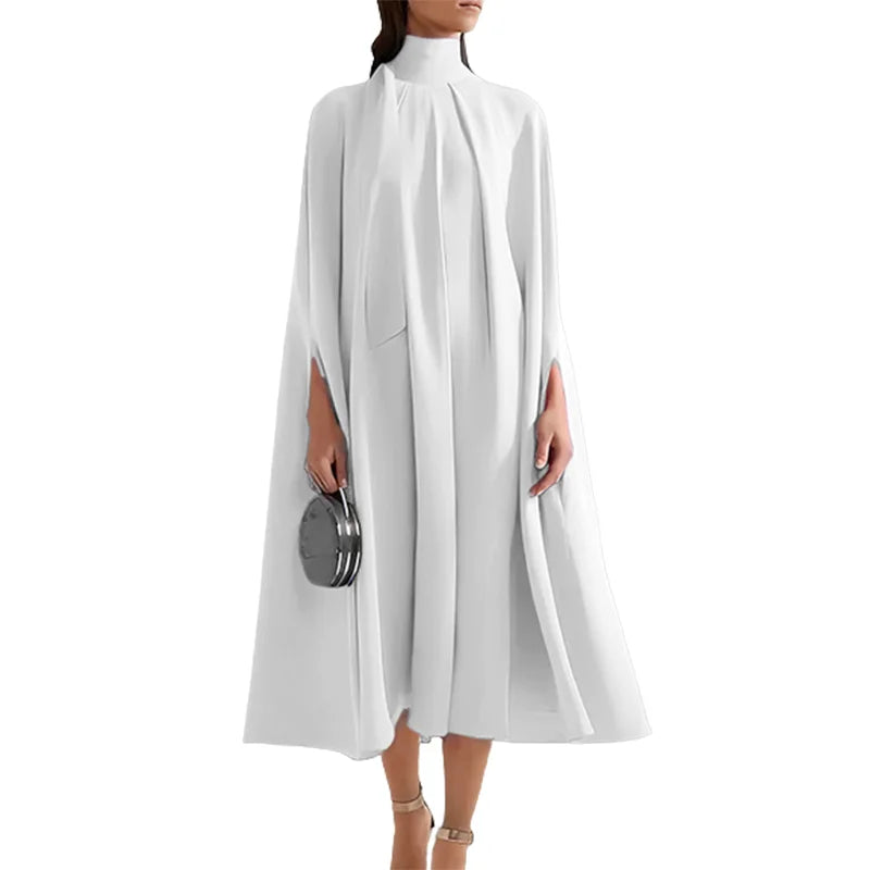 Batwing Cape Coat Lace-Up Solid Midi Dress