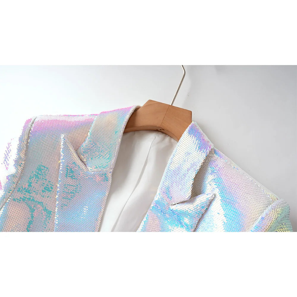Iridescent 2PCS White Blazer Shorts Suit