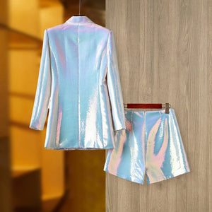 Iridescent 2PCS White Blazer Shorts Suit