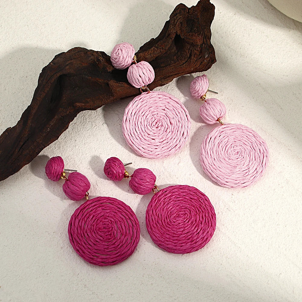 Boho Yellow Raffia Round Drop Earrings