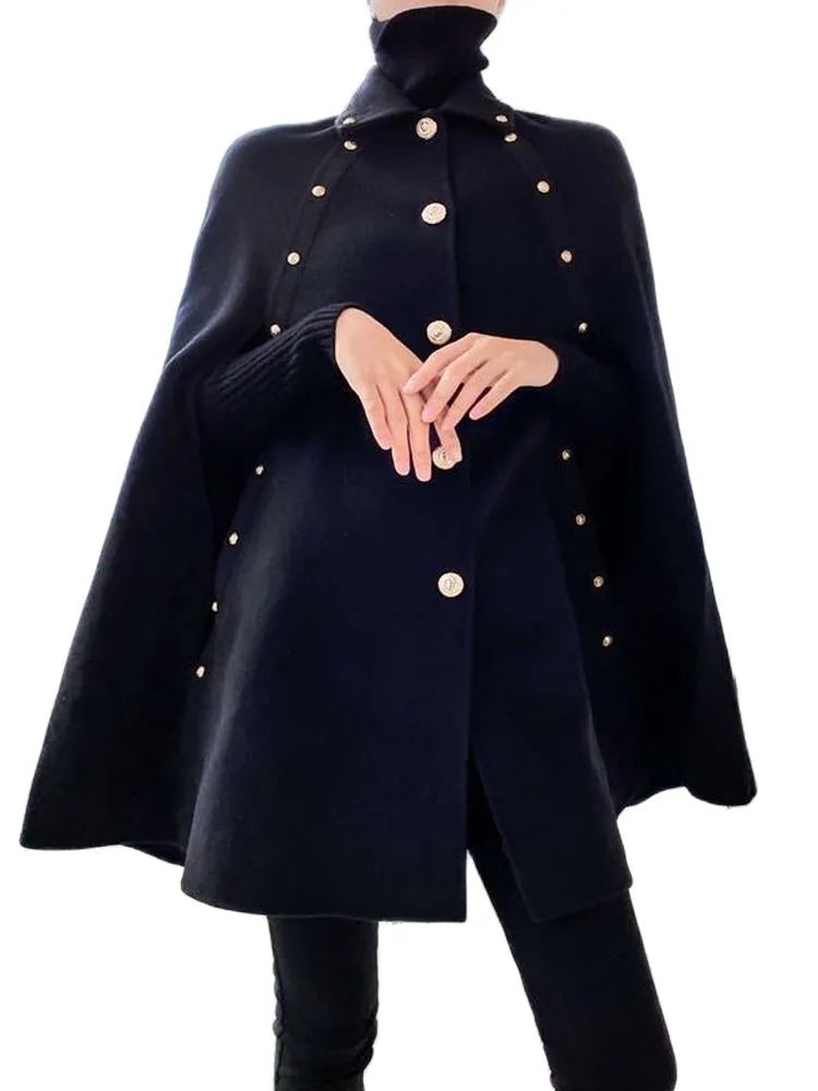 Black Cape Woolen Shawl Coat