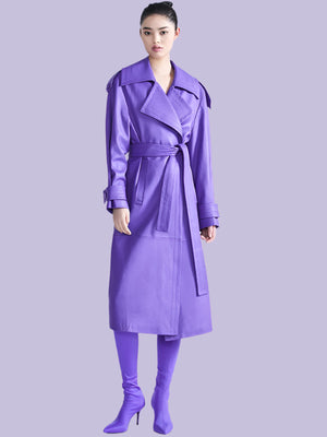 Elegant Purple Colored Faux Leather Trench Coat