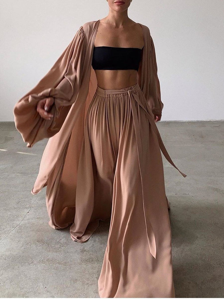 Amanda Puff Sleeve Jacket  Wide Leg Trousers 3pcs Set