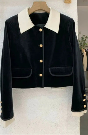 Velvet 2 Piece Set Doll Neck Jacket / Skirt