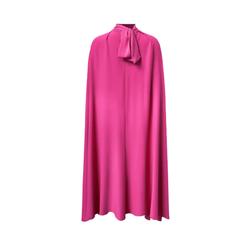 Batwing Cape Coat Lace-Up Solid Midi Dress