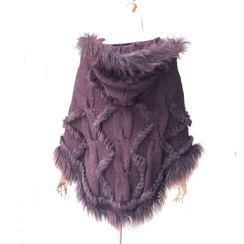 Knitted Poncho With Raccoon Fur Trim
