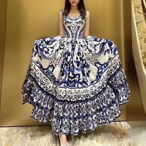 Victorine Spaghetti Strap Porcelain Print Summer Dress