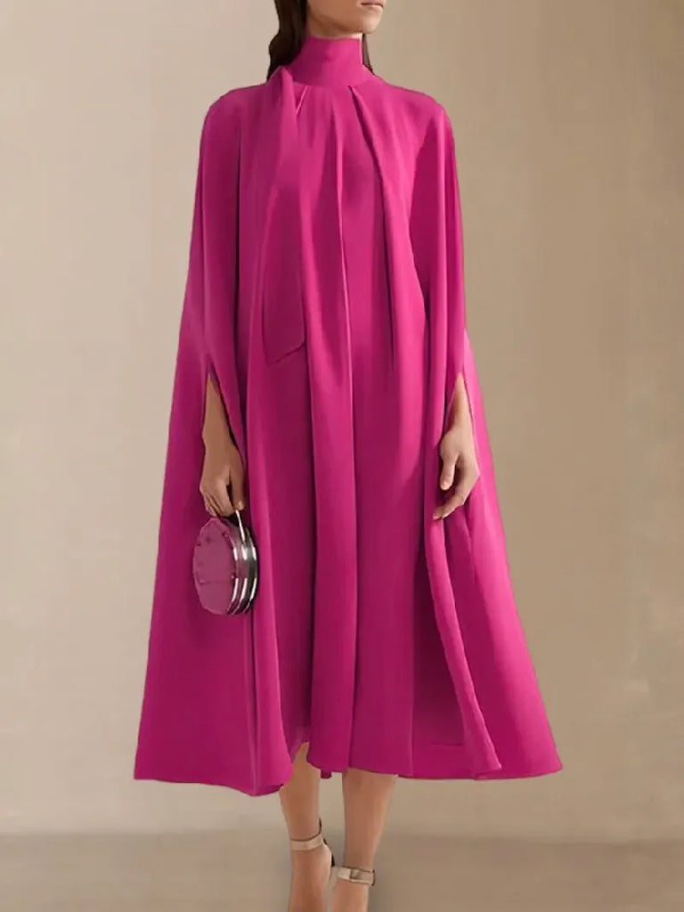 Batwing Cape Coat Lace-Up Solid Midi Dress