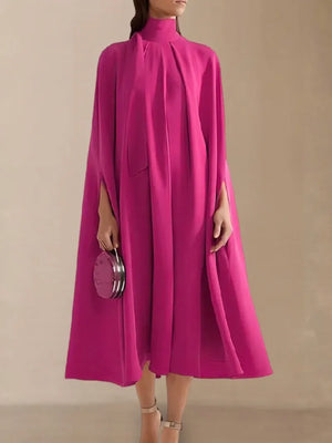 Batwing Cape Coat Lace-Up Solid Midi Dress