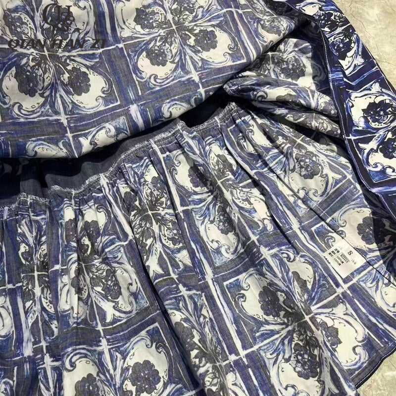 Victorine Spaghetti Strap Porcelain Print Summer Dress
