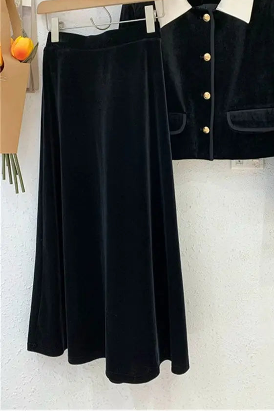Velvet 2 Piece Set Doll Neck Jacket / Skirt