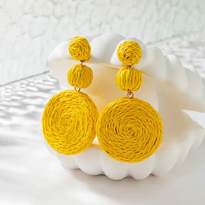 Boho Yellow Raffia Round Drop Earrings