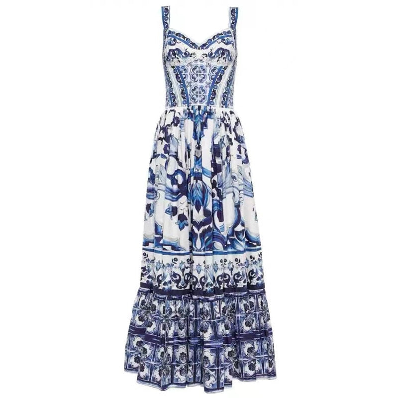 Victorine Spaghetti Strap Porcelain Print Summer Dress
