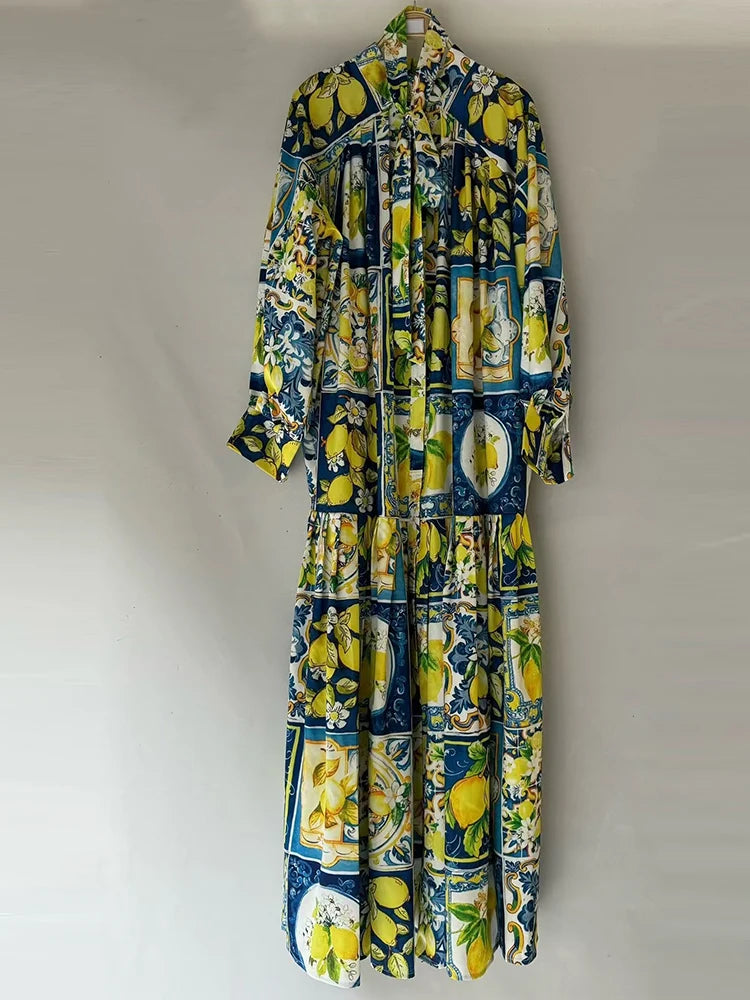 Printed Single-breasted long-sleeved loose dress