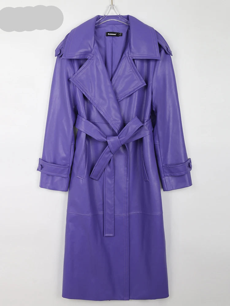 Long Purple Faux Leather Trench Coat