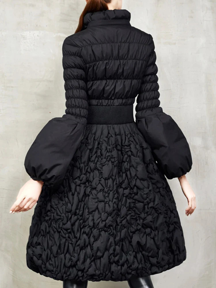Lalie Pleated Design Down Stand Collar Coat