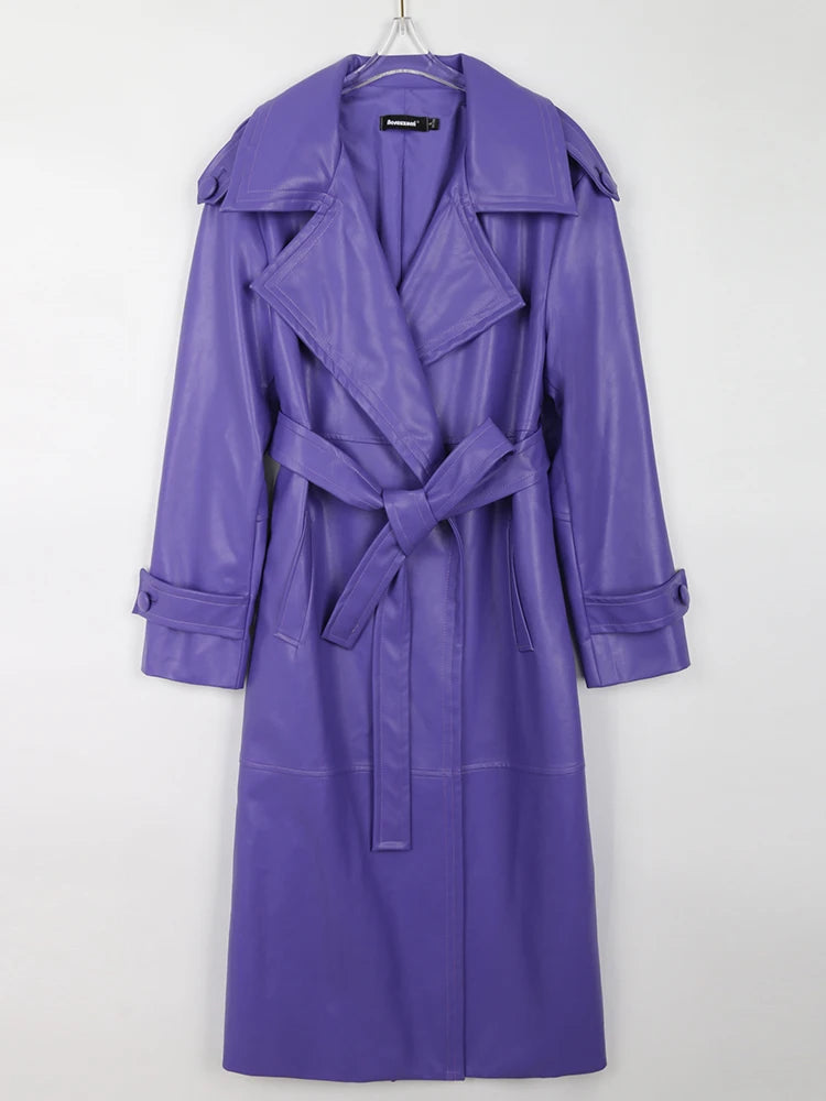 Long Purple Faux Leather Trench Coat