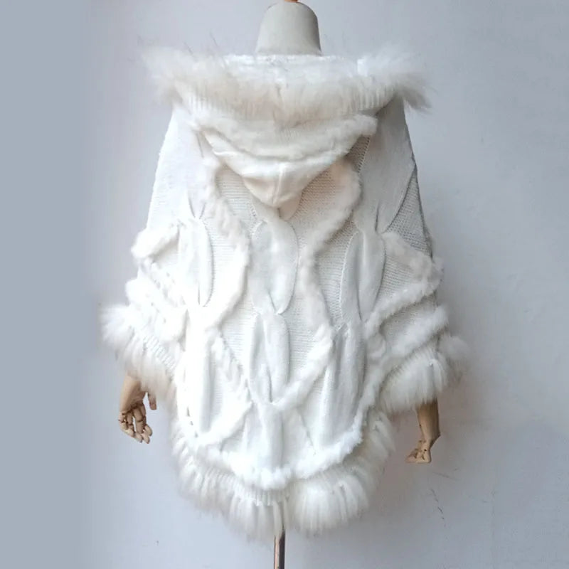 Knitted Poncho With Raccoon Fur Trim
