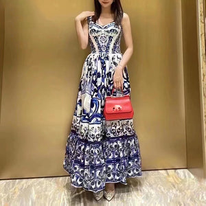 Victorine Spaghetti Strap Porcelain Print Summer Dress