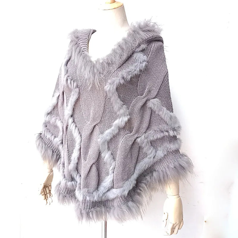 Knitted Poncho With Raccoon Fur Trim