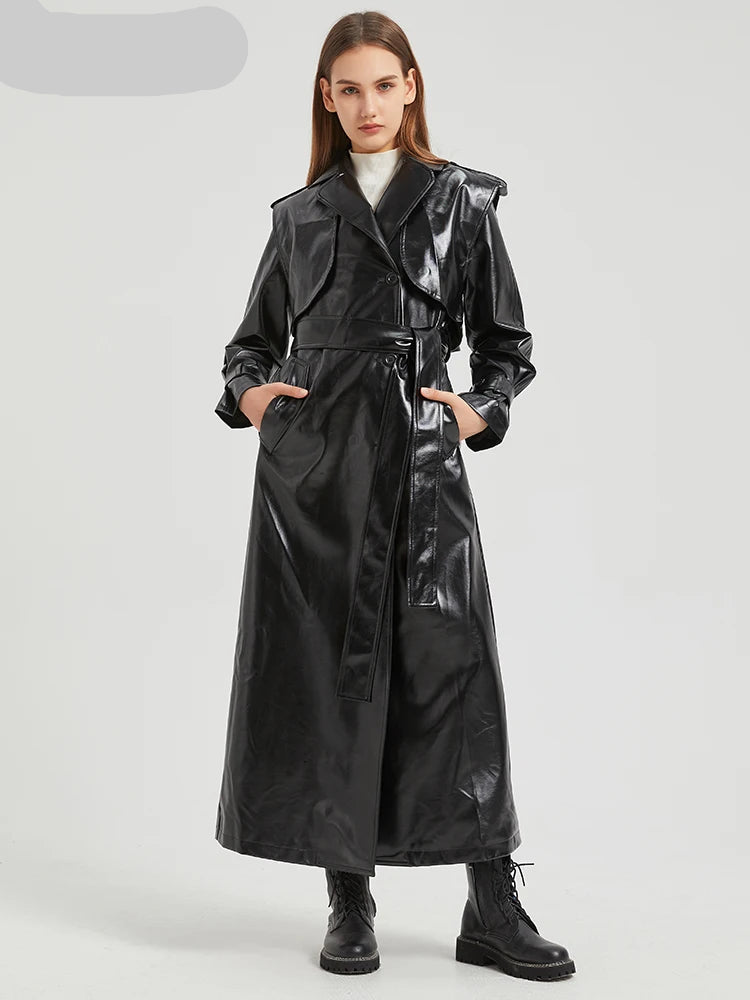 Long Gold Shiny Patent Pu Leather Trench Coat