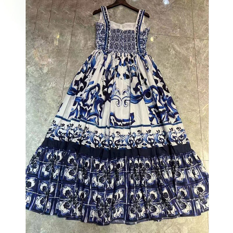 Victorine Spaghetti Strap Porcelain Print Summer Dress