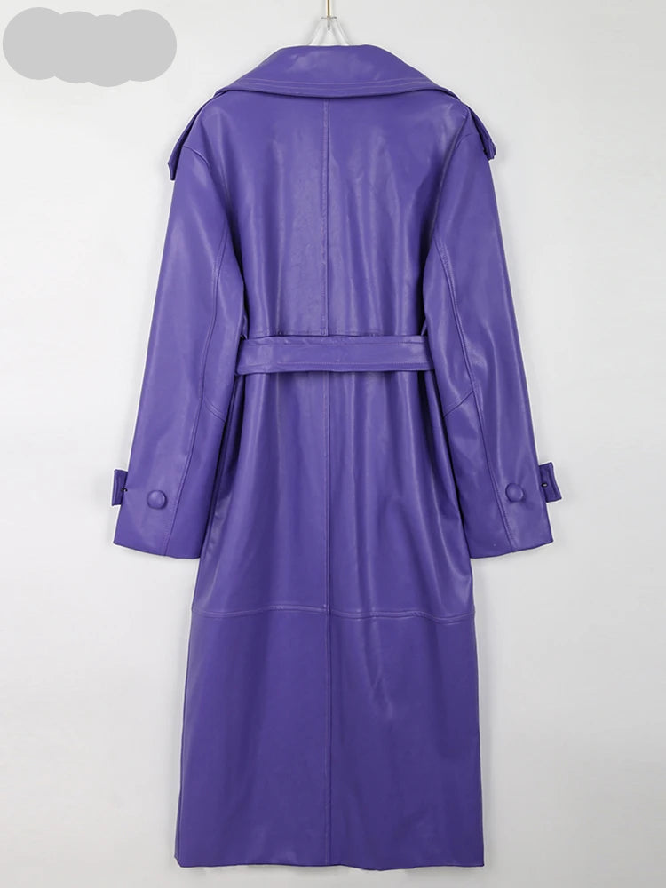 Long Purple Faux Leather Trench Coat