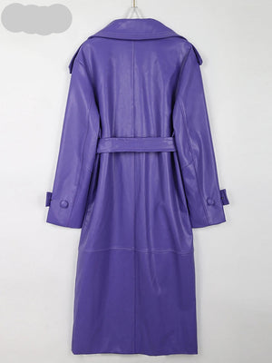 Long Purple Faux Leather Trench Coat