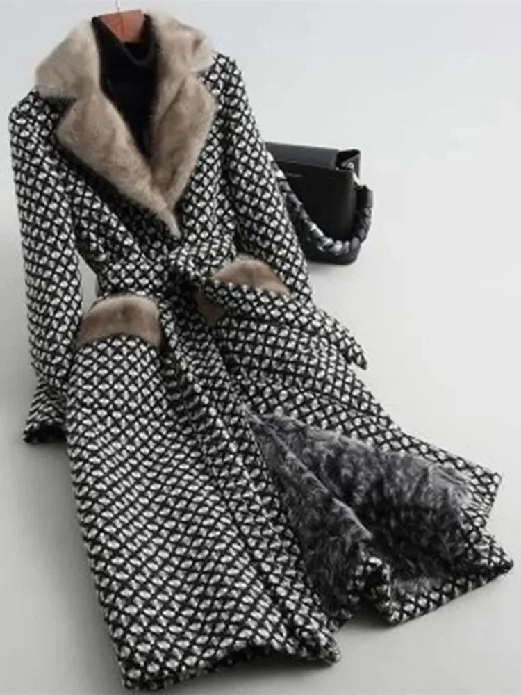 Winter Mink Fur Collar Woolen Coat