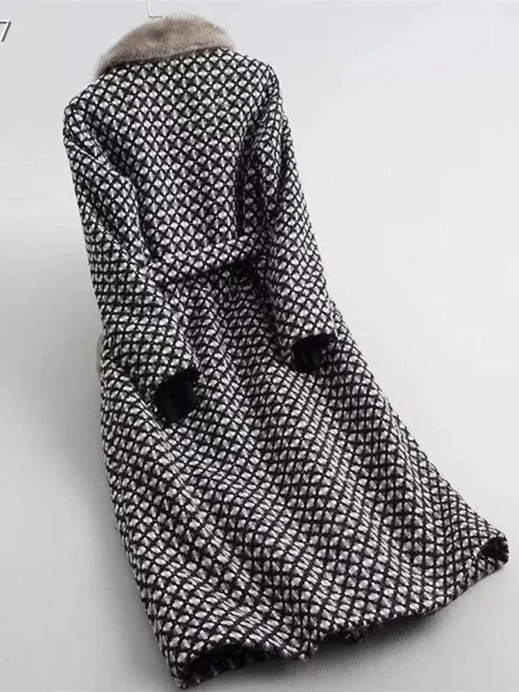 Winter Mink Fur Collar Woolen Coat