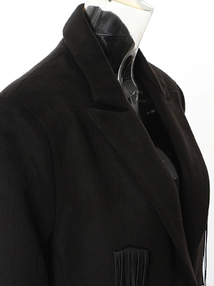 Black Leather Tassels long Trench New Lapel