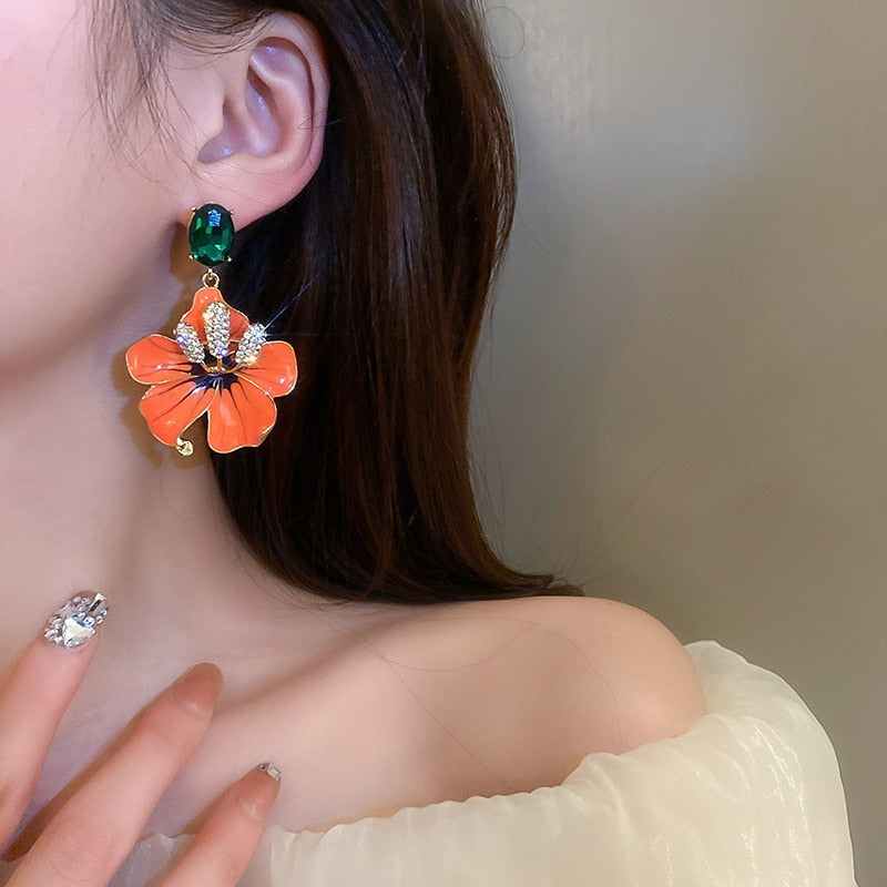 Sidonie Orange Enamel Flowers Drop Earrings