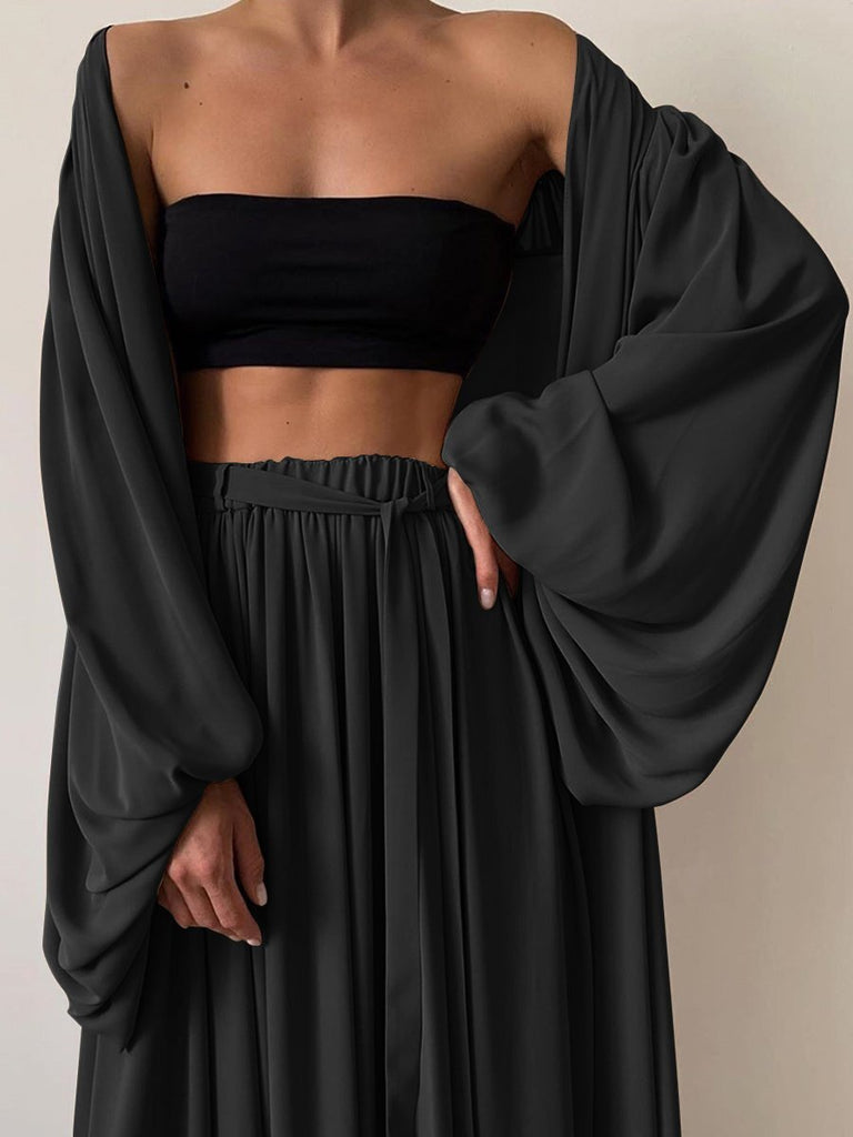 Amanda Puff Sleeve Jacket  Wide Leg Trousers 3pcs Set