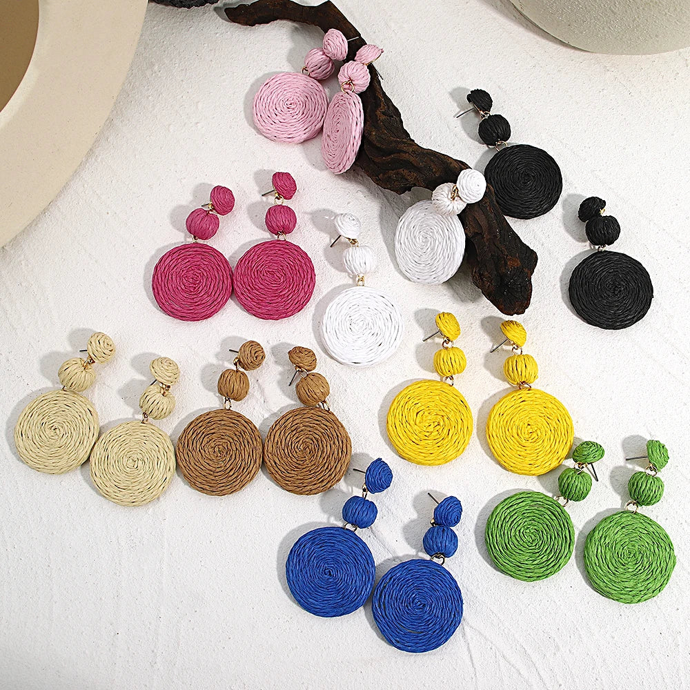 Boho Yellow Raffia Round Drop Earrings