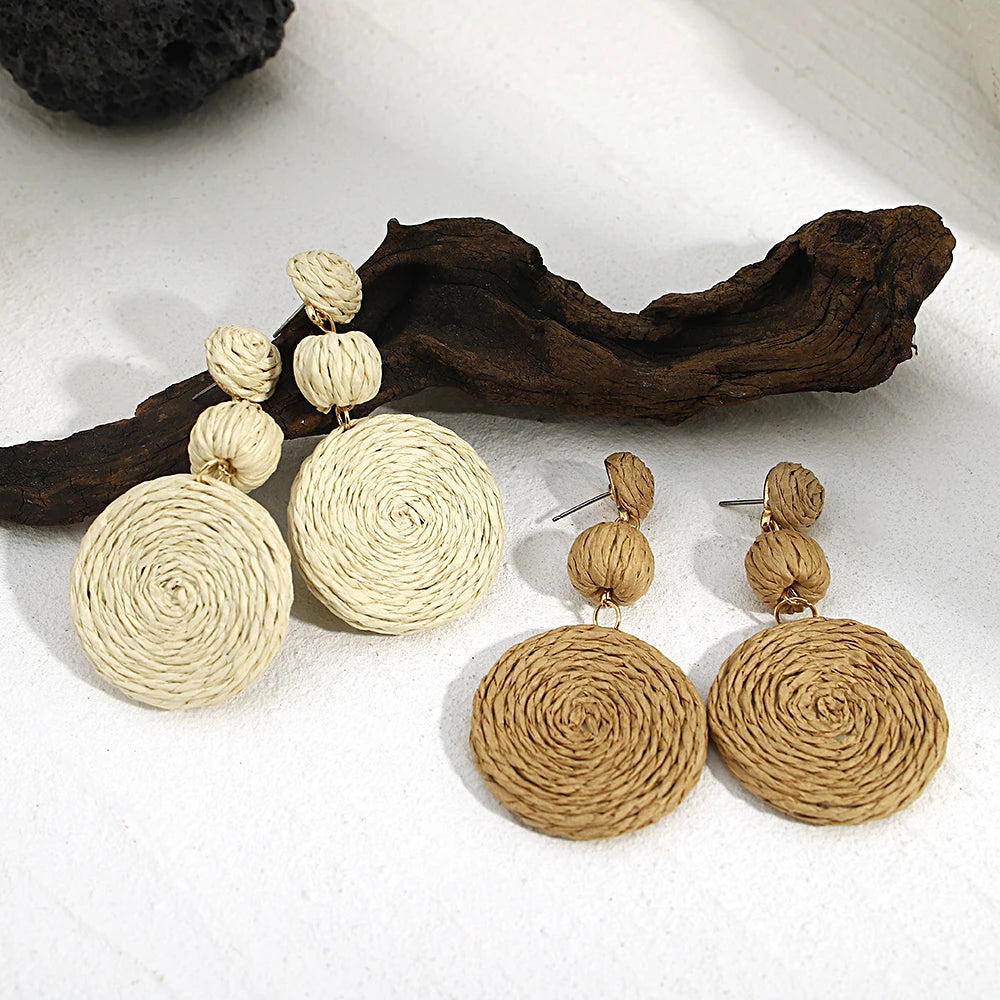 Boho Yellow Raffia Round Drop Earrings