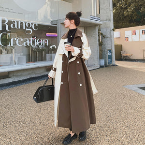 Women Color Block Trench Coat Double Breasted