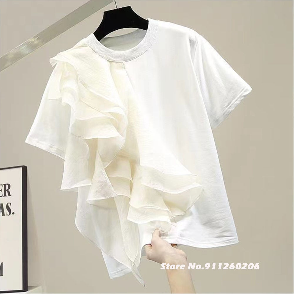 Patchwork Ruffle White Tops For Women O Neck Short