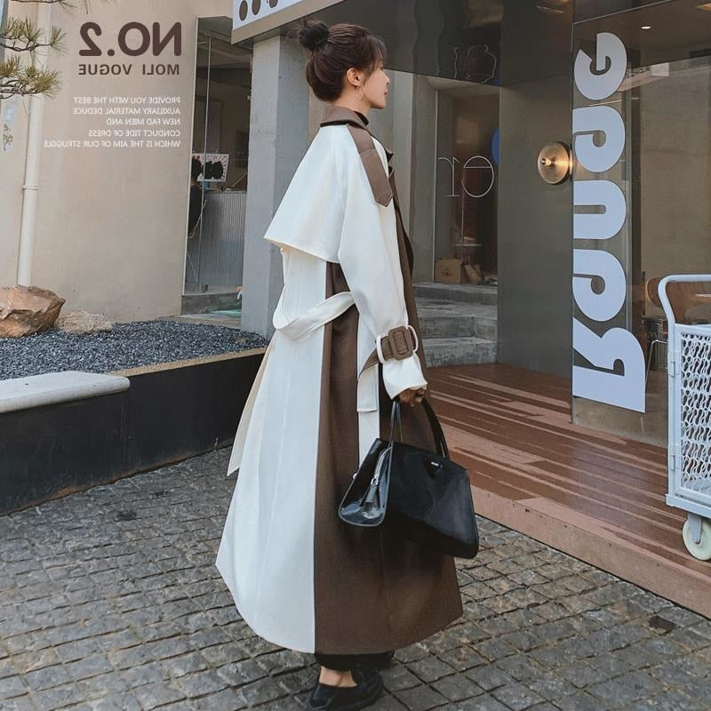 Women Color Block Trench Coat Double Breasted
