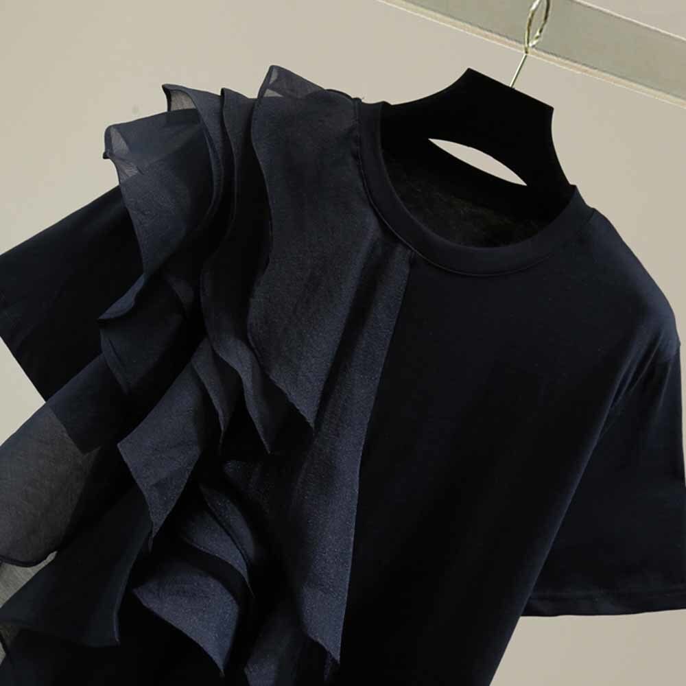Patchwork Ruffle White Tops For Women O Neck Short