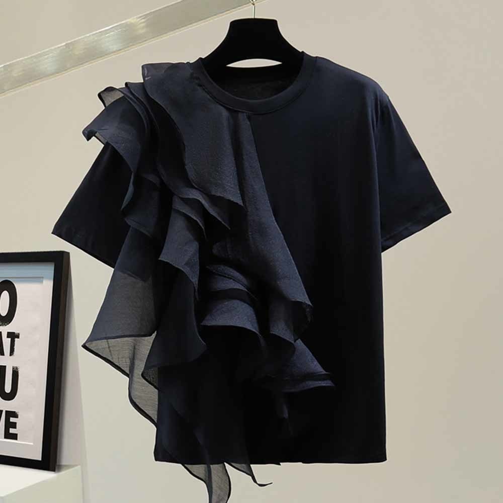 Patchwork Ruffle White Tops For Women O Neck Short