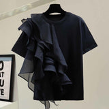 Patchwork Ruffle White Tops For Women O Neck Short