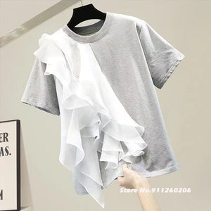 Patchwork Ruffle White Tops For Women O Neck Short
