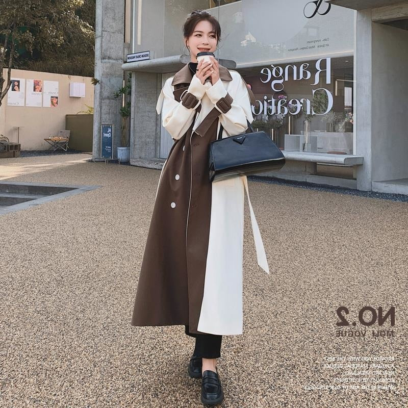 Women Color Block Trench Coat Double Breasted