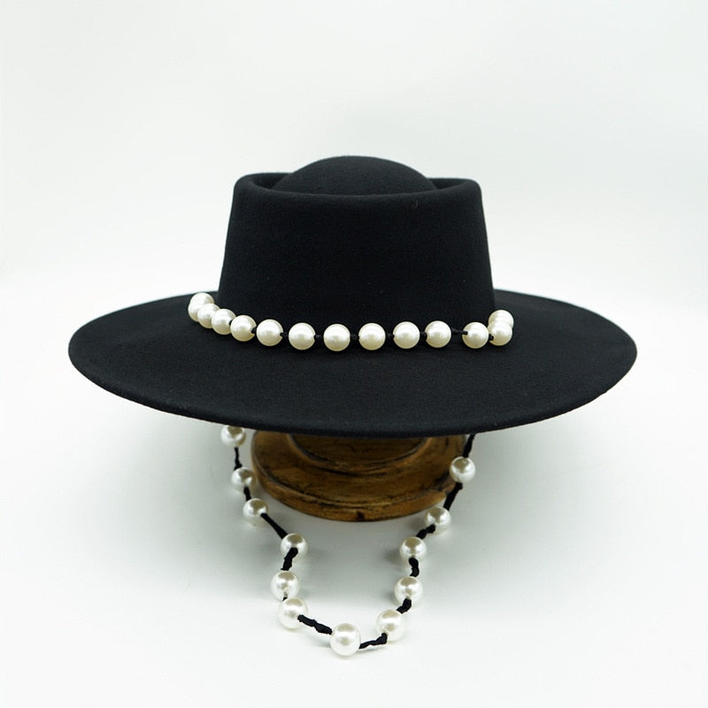 Women Black Fedora Hat Pearls Band