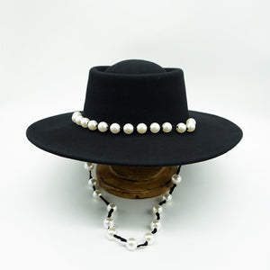 Women Black Fedora Hat Pearls Band