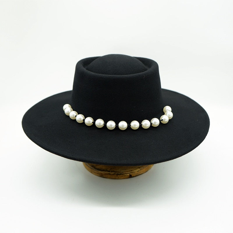 Women Black Fedora Hat Pearls Band