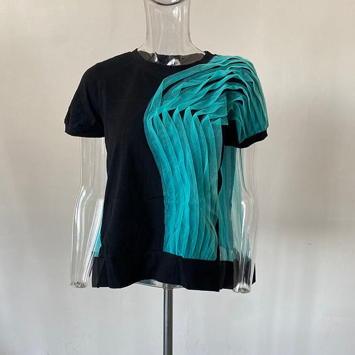 Elisa Color-block Pleated Mesh Tee